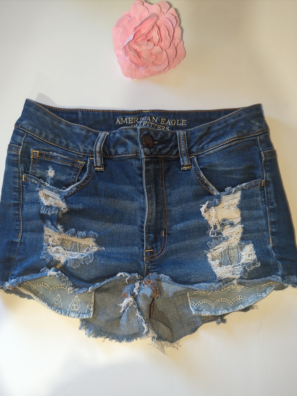American Eagle Outfitters Blue Distressed Denim Cutoff Shorts Boho Pockets 8